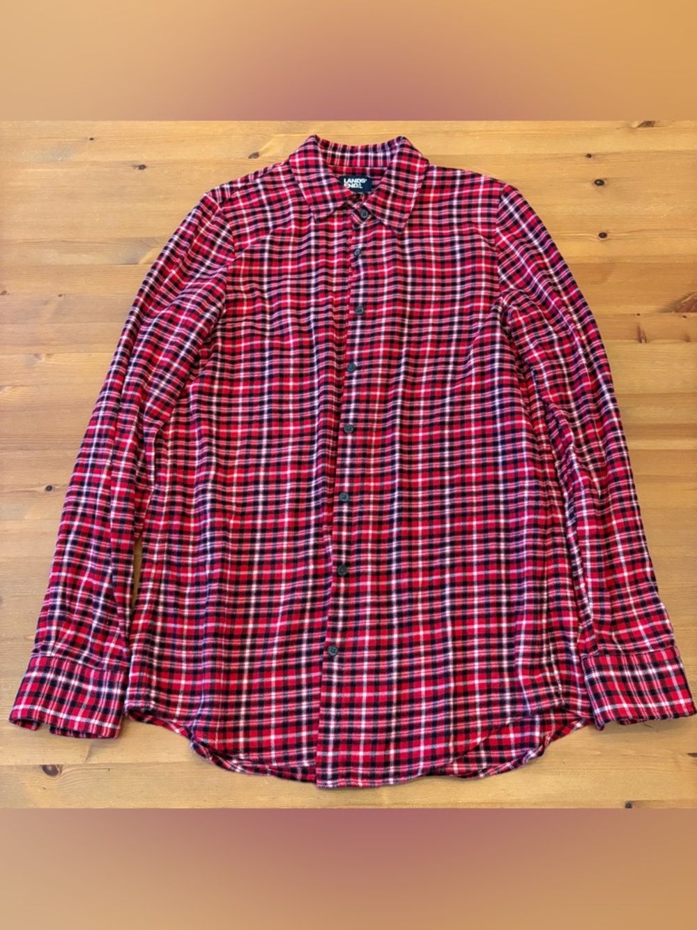 Lands' End Red and Black Women’s Medium Tall Plaid Flannel Shirt 100% Cotton